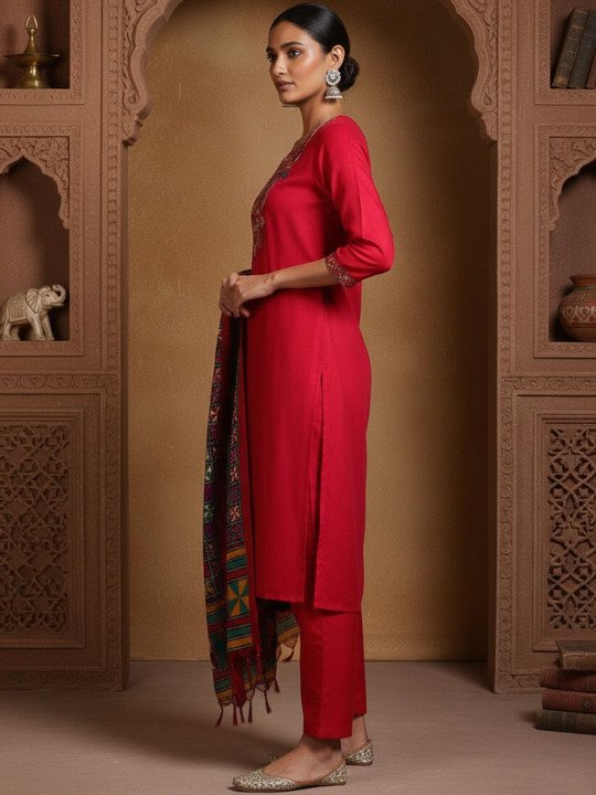 Printed Round Neck Kurta &amp;amp; Trousers With Dupatta