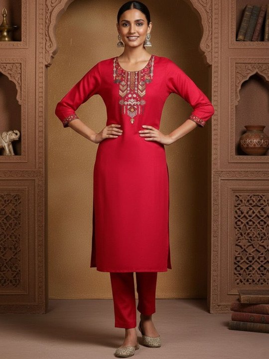 Printed Round Neck Kurta &amp;amp; Trousers With Dupatta