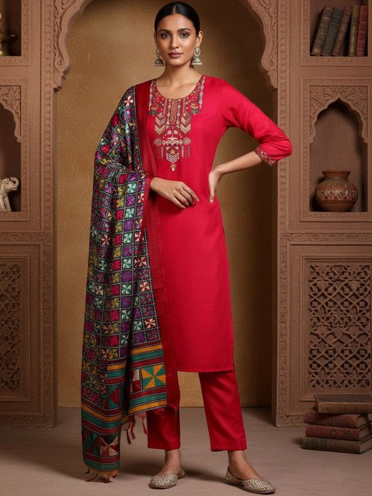 Printed Round Neck Kurta &amp;amp; Trousers With Dupatta