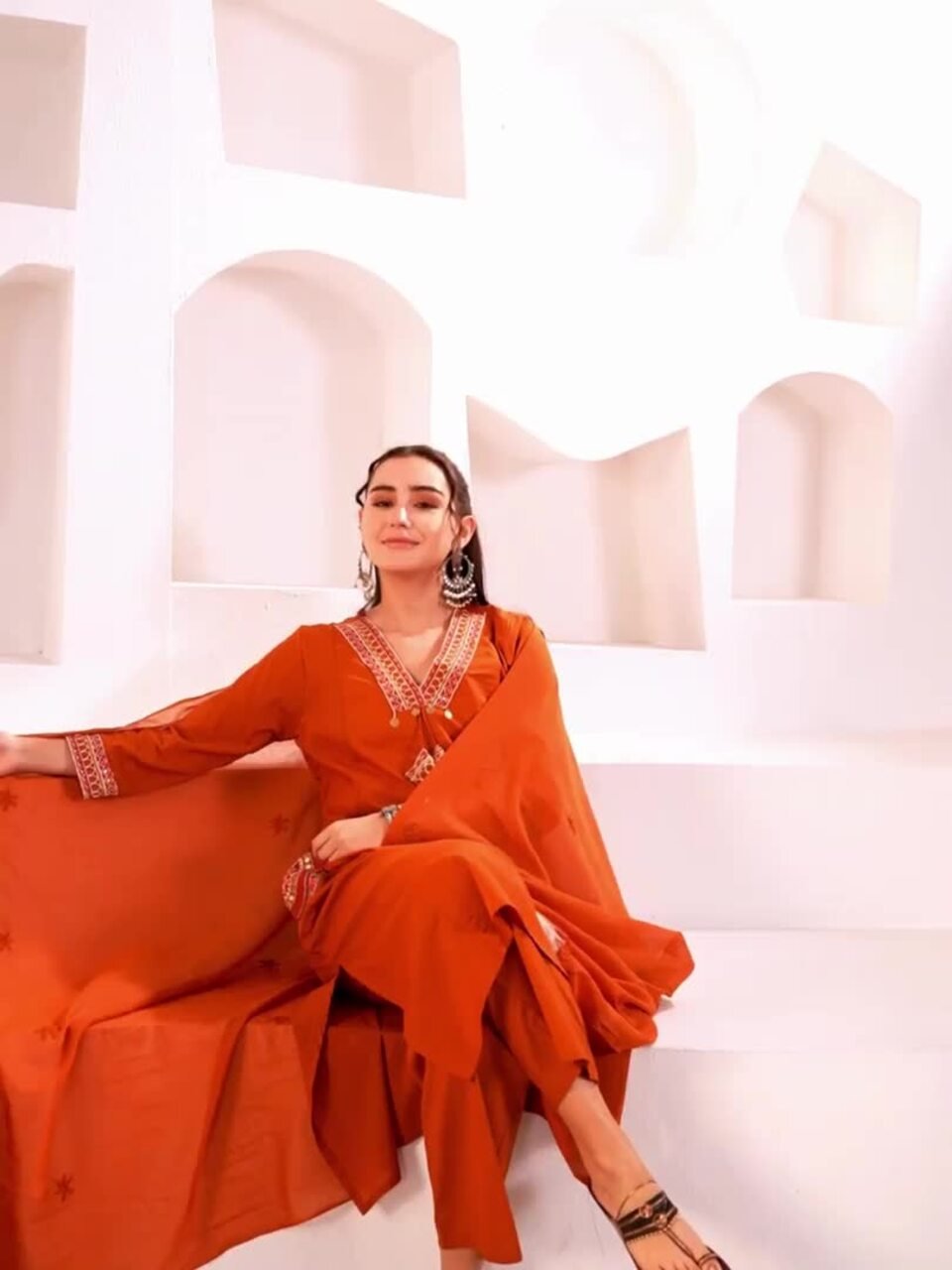 Embroidered Pure Cotton V-Neck Kurta &amp;amp; Trousers With Dupatta