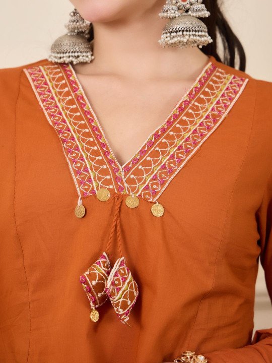 Embroidered Pure Cotton V-Neck Kurta &amp;amp; Trousers With Dupatta