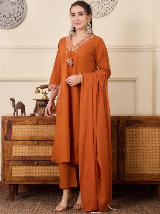 Embroidered Pure Cotton V-Neck Kurta &amp;amp; Trousers With Dupatta