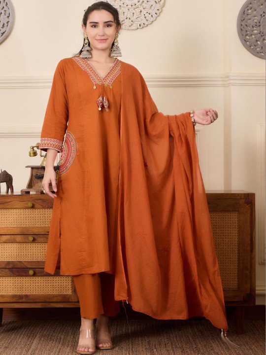 Embroidered Pure Cotton V-Neck Kurta &amp;amp; Trousers With Dupatta