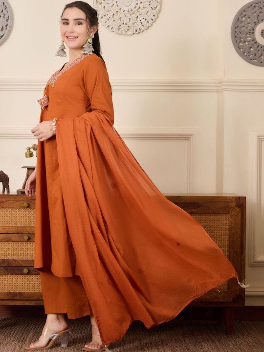 Embroidered Pure Cotton V-Neck Kurta &amp;amp; Trousers With Dupatta