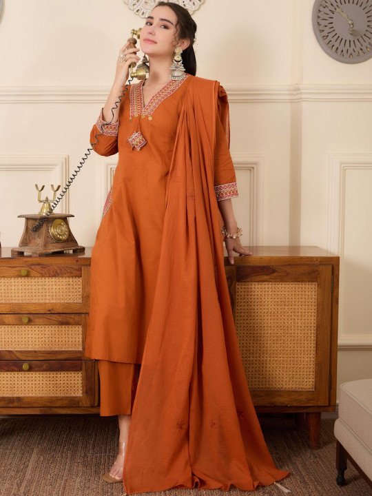 Embroidered Pure Cotton V-Neck Kurta &amp;amp; Trousers With Dupatta