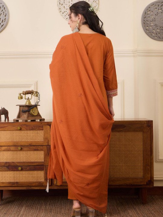 Embroidered Pure Cotton V-Neck Kurta &amp;amp; Trousers With Dupatta