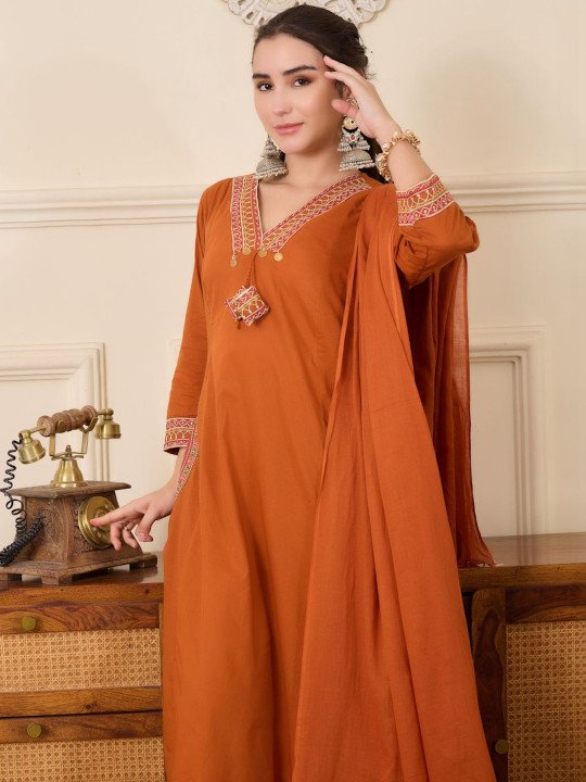 Embroidered Pure Cotton V-Neck Kurta &amp;amp; Trousers With Dupatta