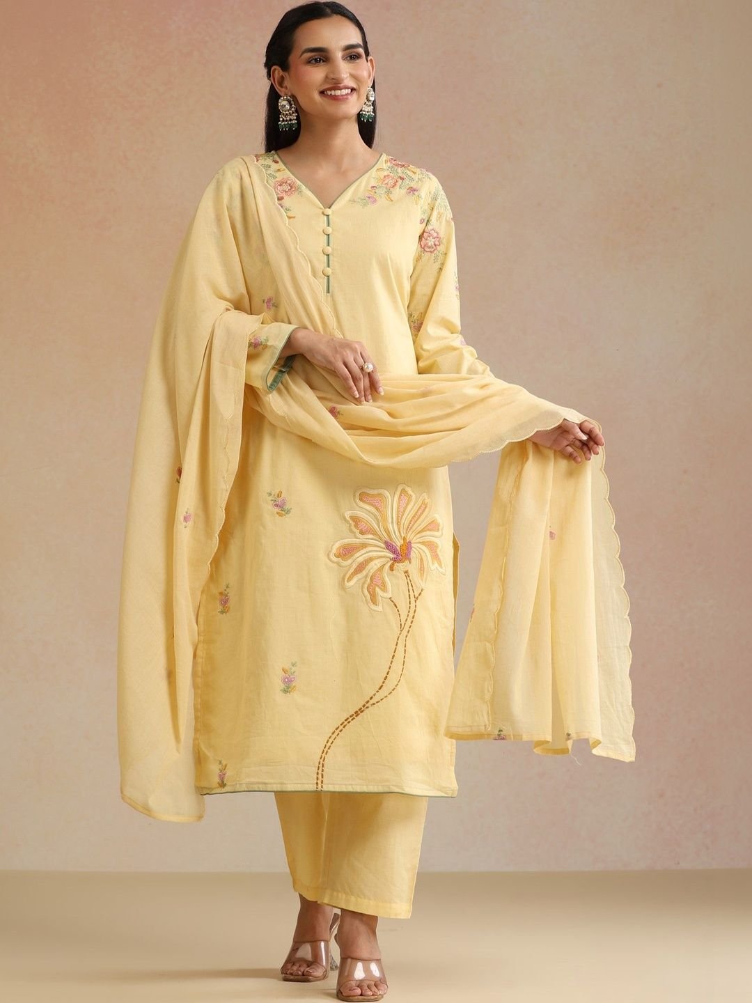 Women Floral Embroidered Regular Thread Work Pure Cotton Kurta with Trousers &amp;amp; With Dupatta