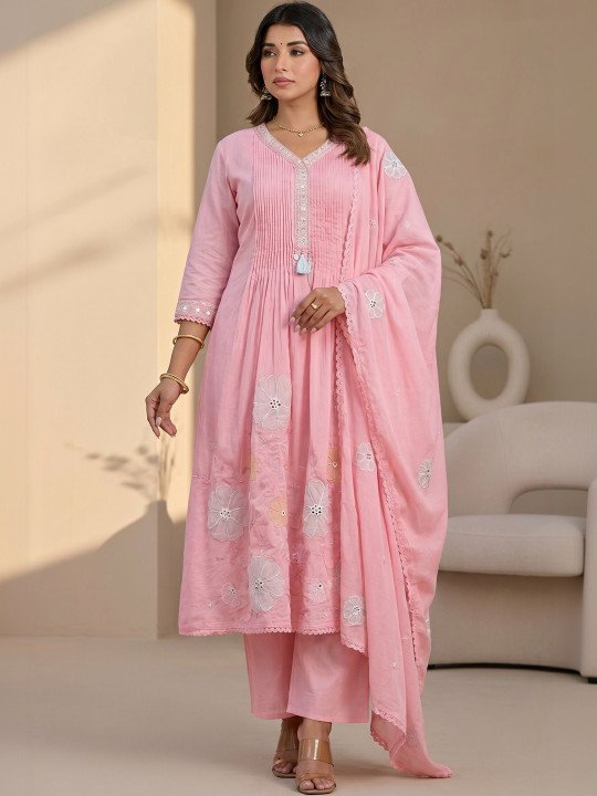 Women Floral Embroidered Pleated Mirror Work Pure Cotton Kurta with Palazzos &amp;amp; With Dupatta