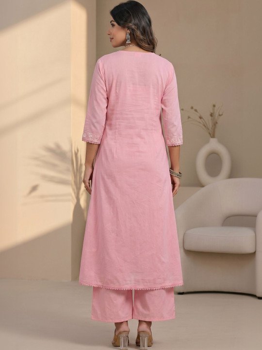 Women Floral Embroidered Pleated Mirror Work Pure Cotton Kurta with Palazzos &amp;amp; With Dupatta