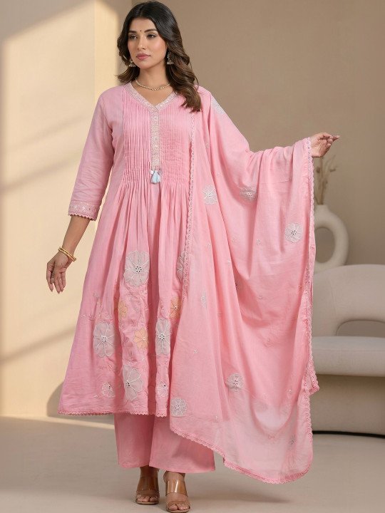 Women Floral Embroidered Pleated Mirror Work Pure Cotton Kurta with Palazzos &amp;amp; With Dupatta