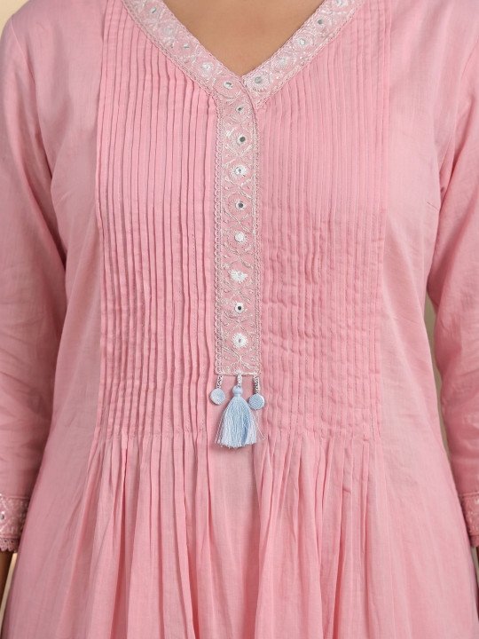 Women Floral Embroidered Pleated Mirror Work Pure Cotton Kurta with Palazzos &amp;amp; With Dupatta