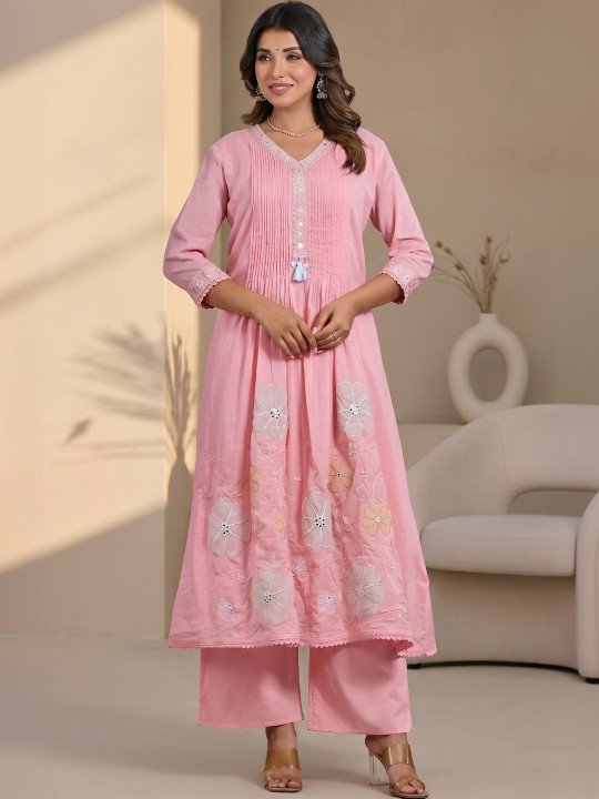 Women Floral Embroidered Pleated Mirror Work Pure Cotton Kurta with Palazzos &amp;amp; With Dupatta