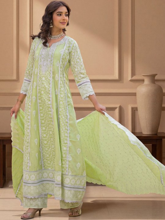 Embroidered Cotton Notched Neck Kurta &amp;amp; Trousers