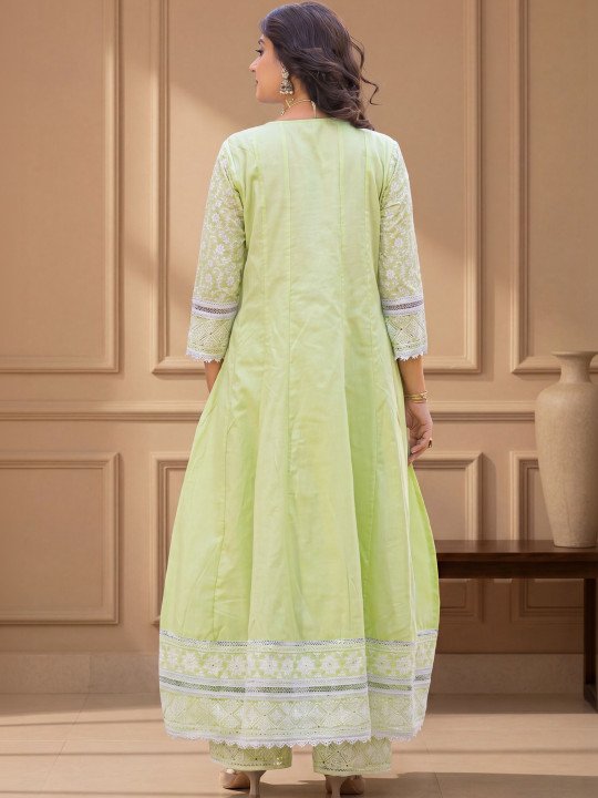 Embroidered Cotton Notched Neck Kurta &amp;amp; Trousers