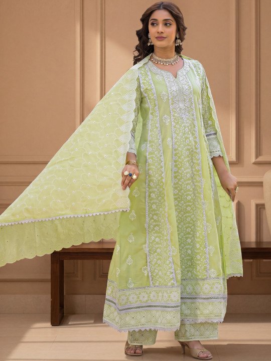 Embroidered Cotton Notched Neck Kurta &amp;amp; Trousers