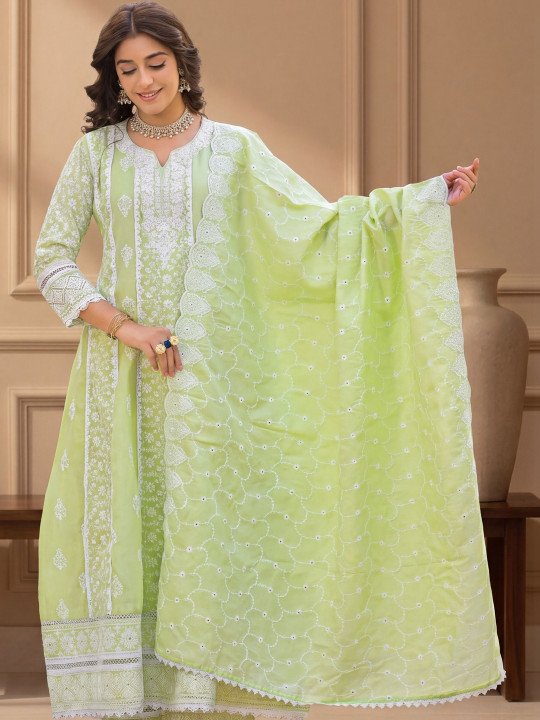 Embroidered Cotton Notched Neck Kurta &amp;amp; Trousers