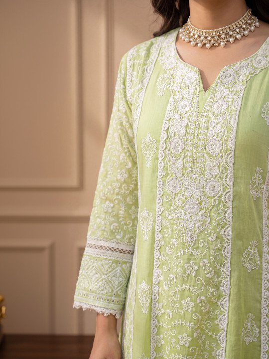Embroidered Cotton Notched Neck Kurta &amp;amp; Trousers