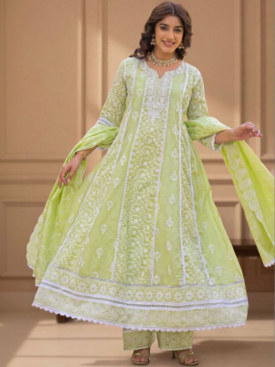Embroidered Cotton Notched Neck Kurta &amp;amp; Trousers