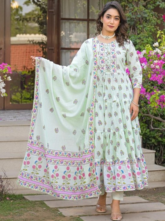 Embroidered Pure Cotton Round Neck Kurta &amp;amp; Trousers With Dupatta