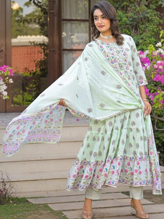 Embroidered Pure Cotton Round Neck Kurta &amp;amp; Trousers With Dupatta