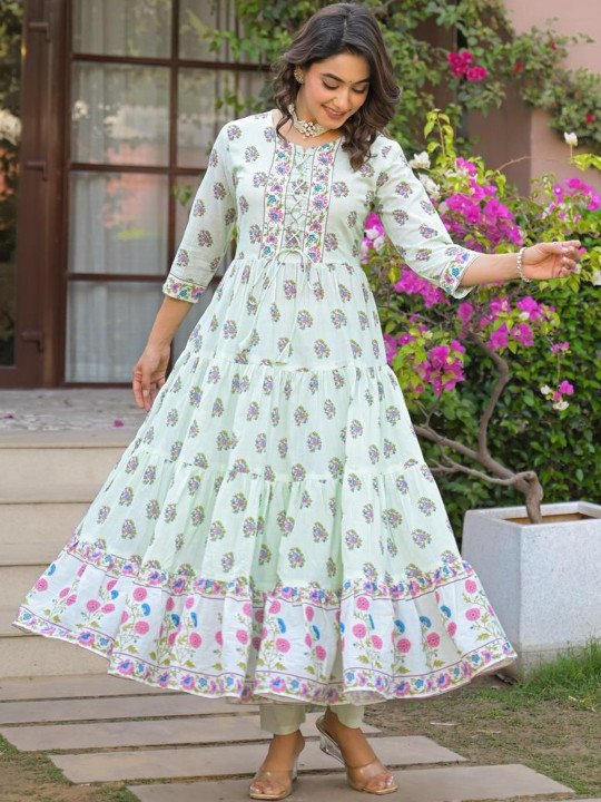 Embroidered Pure Cotton Round Neck Kurta &amp;amp; Trousers With Dupatta