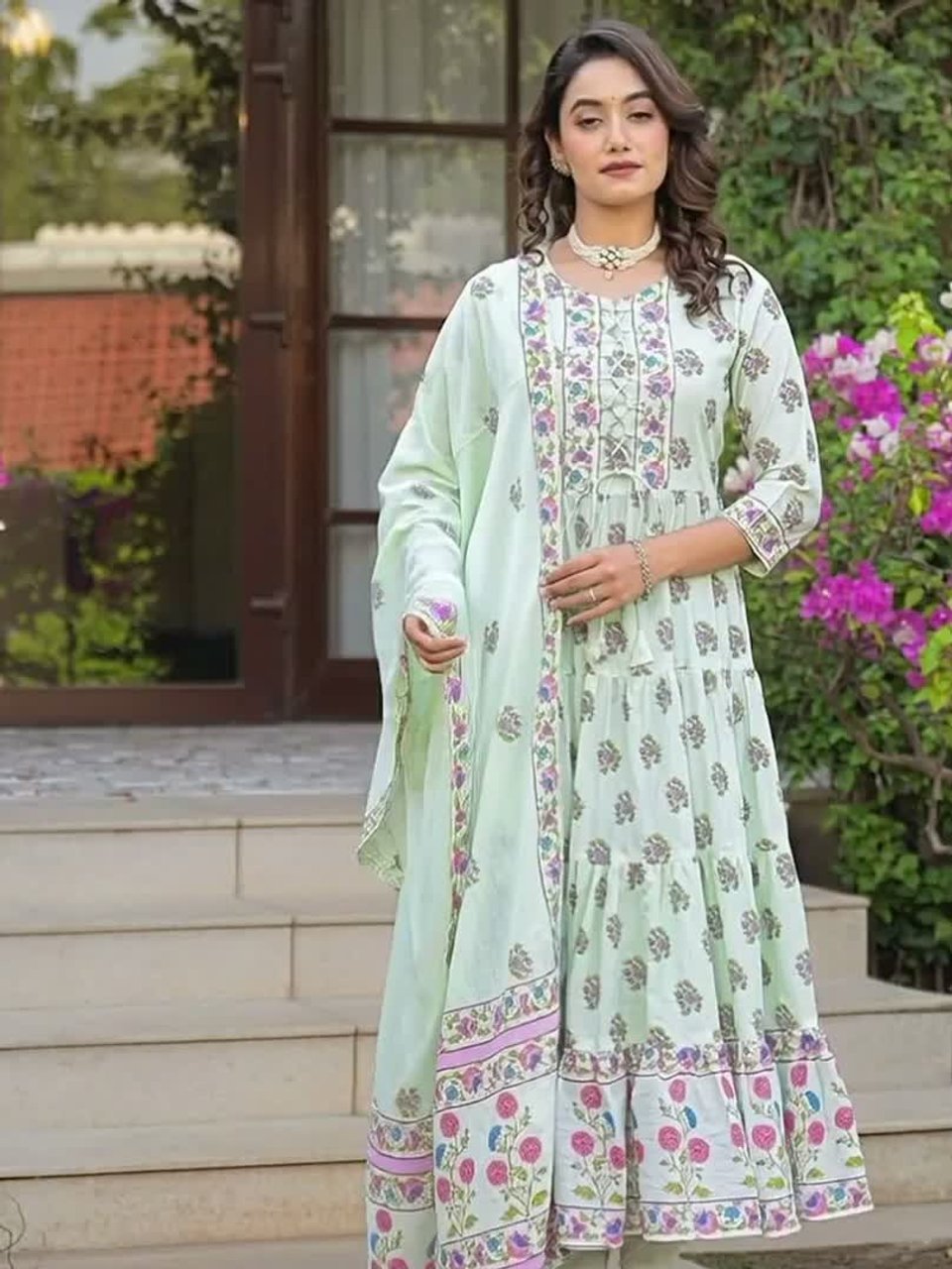 Embroidered Pure Cotton Round Neck Kurta &amp;amp; Trousers With Dupatta