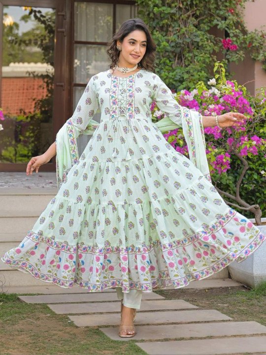Embroidered Pure Cotton Round Neck Kurta &amp;amp; Trousers With Dupatta