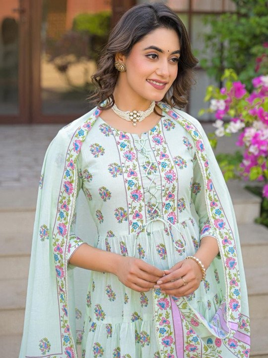 Embroidered Pure Cotton Round Neck Kurta &amp;amp; Trousers With Dupatta