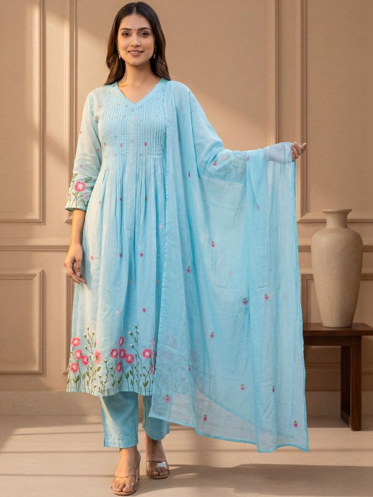 Embroidered Pure Cotton V-Neck Kurta &amp;amp; Trousers With Dupatta