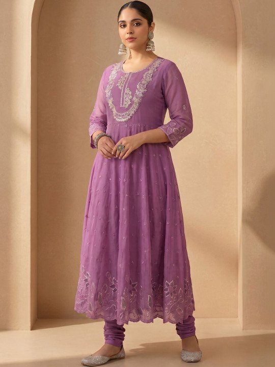 Women Ethnic Motifs Embroidered Tiered Sequinned Pure Cotton Kurta with Churidar &amp;amp; With