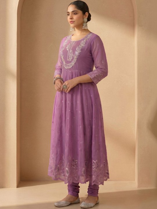 Women Ethnic Motifs Embroidered Tiered Sequinned Pure Cotton Kurta with Churidar &amp;amp; With