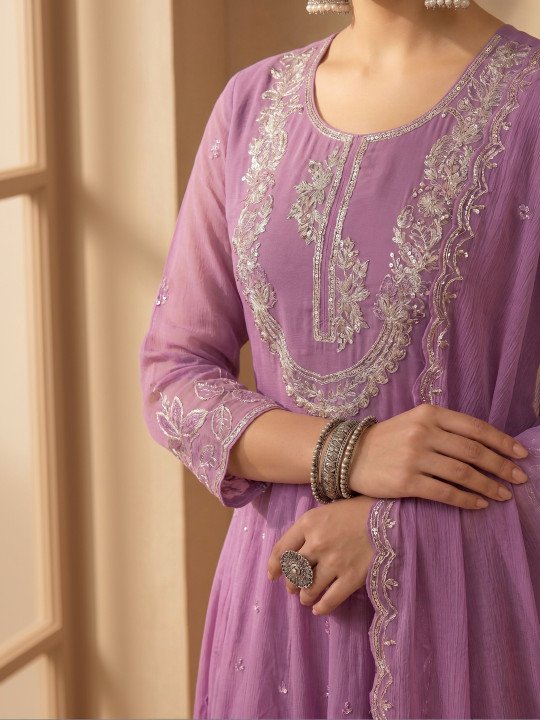Women Ethnic Motifs Embroidered Tiered Sequinned Pure Cotton Kurta with Churidar &amp;amp; With