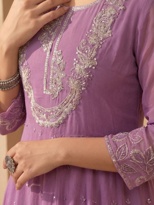 Women Ethnic Motifs Embroidered Tiered Sequinned Pure Cotton Kurta with Churidar &amp;amp; With