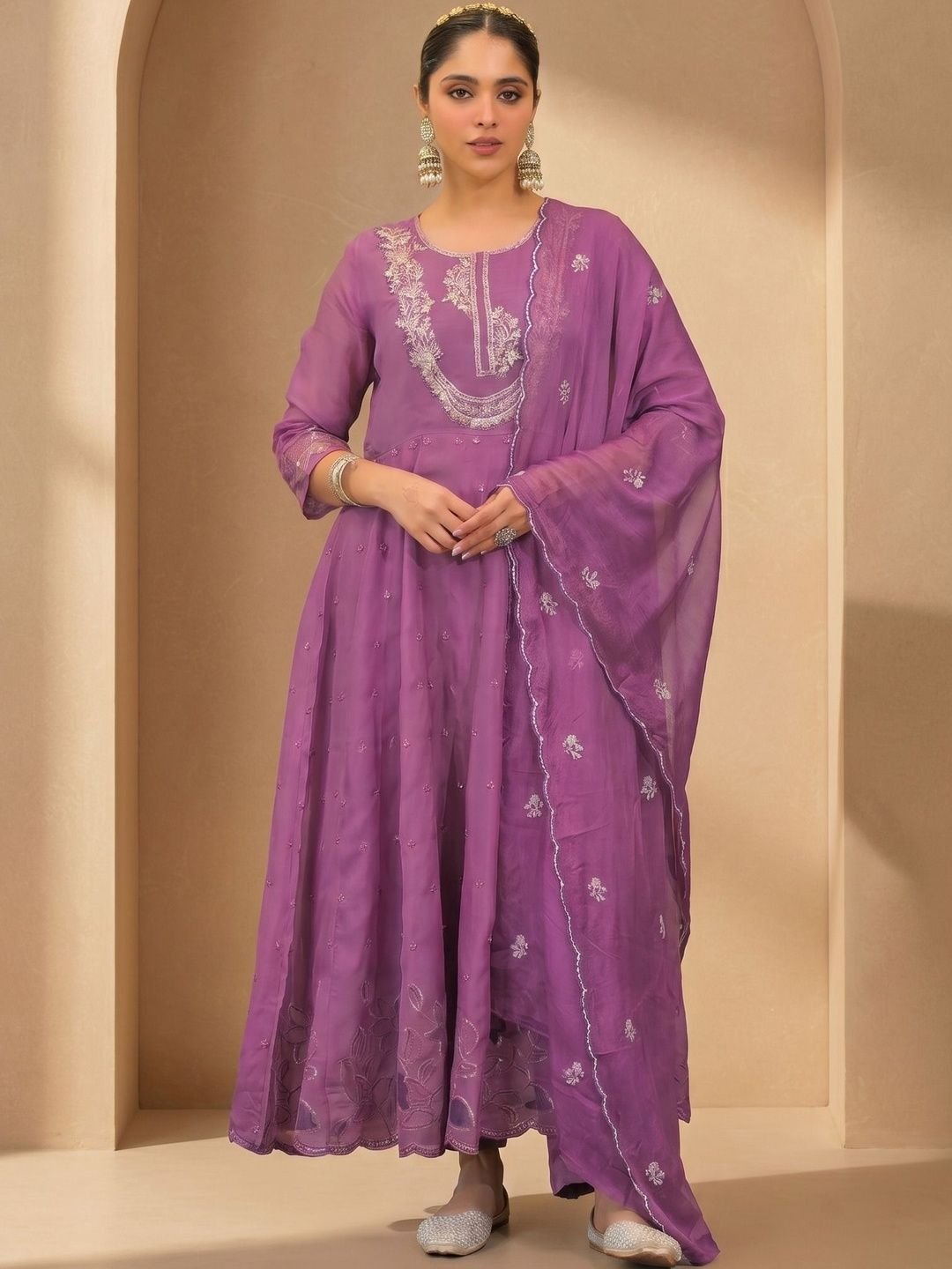 Women Ethnic Motifs Embroidered Tiered Sequinned Pure Cotton Kurta with Churidar &amp;amp; With