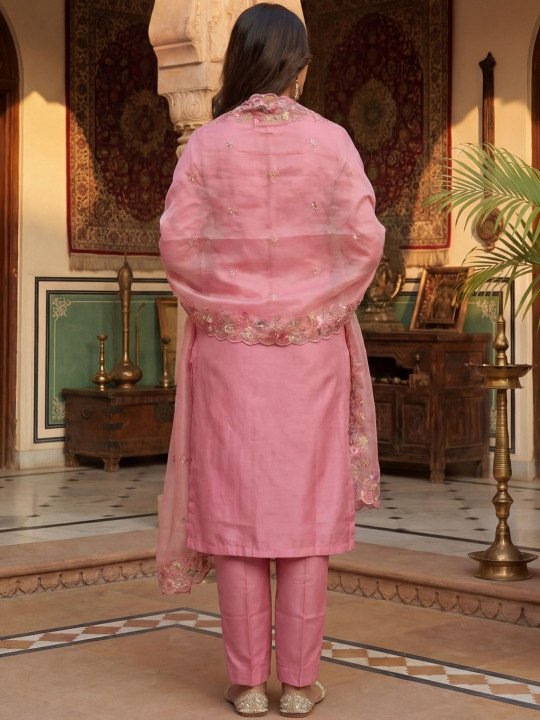 Embroidered Round Neck Kurta &amp;amp; Pyjamas With Dupatta