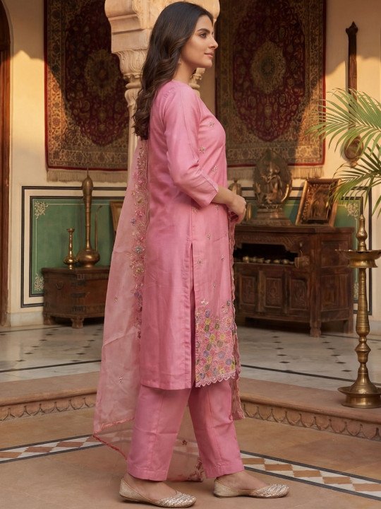 Embroidered Round Neck Kurta &amp;amp; Pyjamas With Dupatta