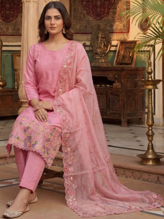Embroidered Round Neck Kurta &amp;amp; Pyjamas With Dupatta