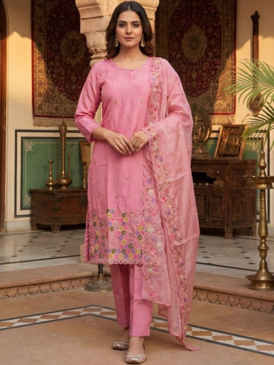 Embroidered Round Neck Kurta &amp;amp; Pyjamas With Dupatta