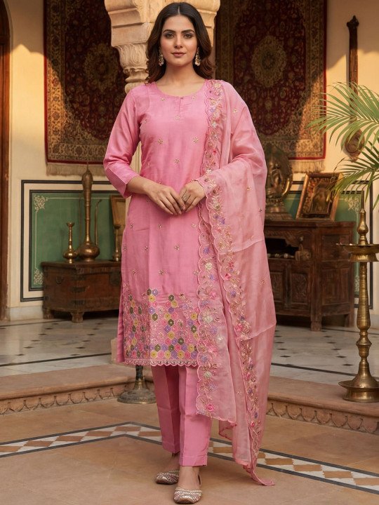Embroidered Round Neck Kurta &amp;amp; Pyjamas With Dupatta