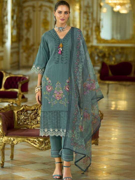 Embroidered Pure Cotton Straight Kurta With Trouser &amp;amp; Dupatta