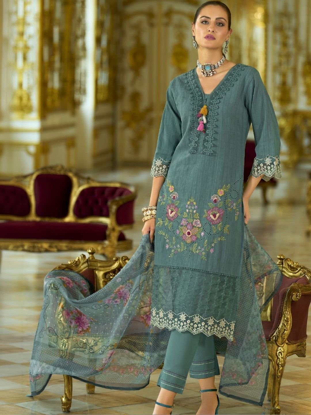 Embroidered Pure Cotton Straight Kurta With Trouser &amp;amp; Dupatta