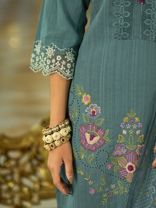 Embroidered Pure Cotton Straight Kurta With Trouser &amp;amp; Dupatta