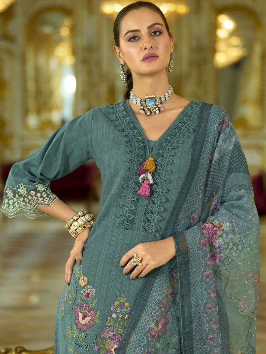 Embroidered Pure Cotton Straight Kurta With Trouser &amp;amp; Dupatta