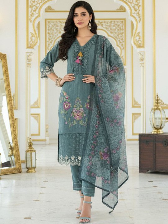 Embroidered Pure Cotton Straight Kurta With Trouser &amp;amp; Dupatta