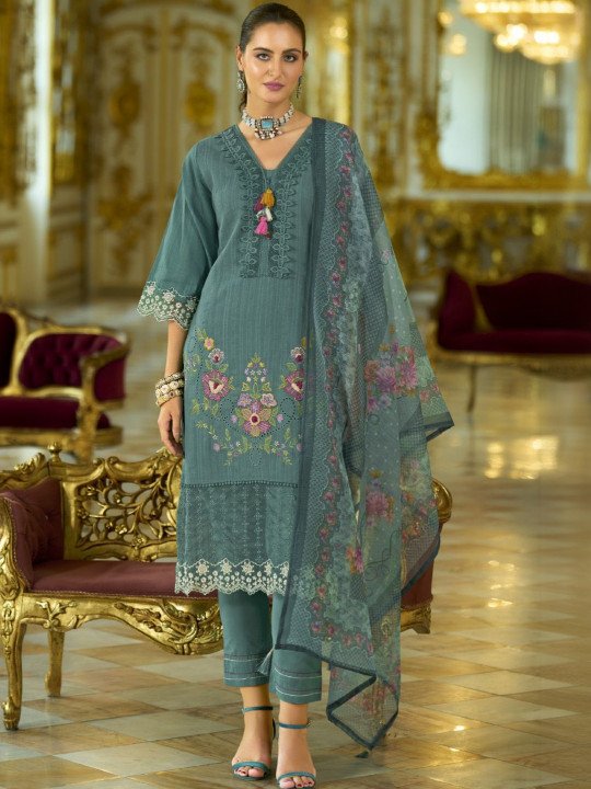 Embroidered Pure Cotton Straight Kurta With Trouser &amp;amp; Dupatta