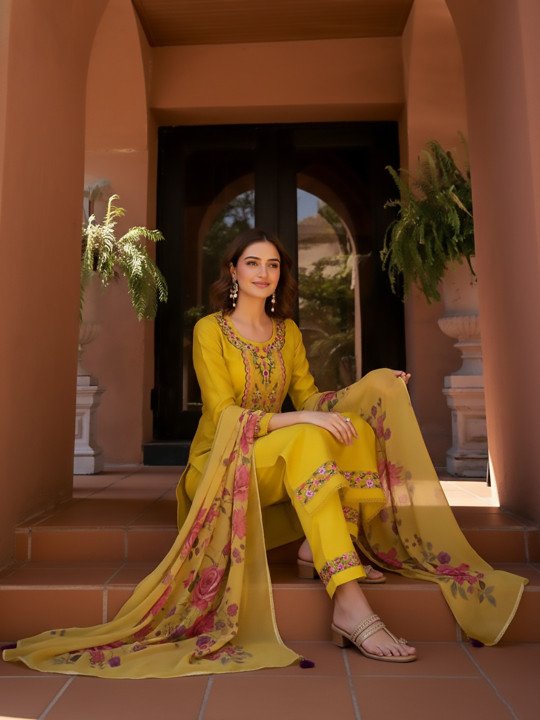 Floral Embroidered Round Neck Kurta &amp;amp; Trousers With Dupatta