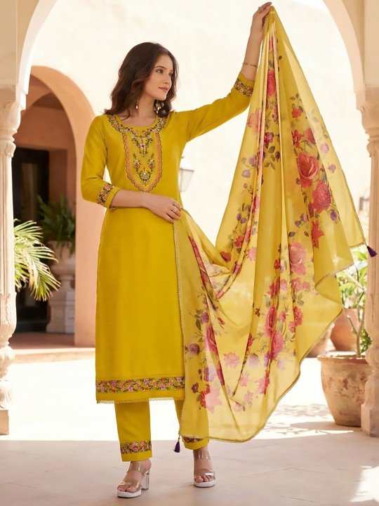 Floral Embroidered Round Neck Kurta &amp;amp; Trousers With Dupatta