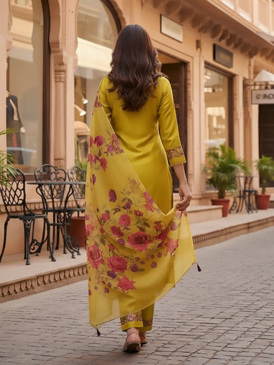 Floral Embroidered Round Neck Kurta &amp;amp; Trousers With Dupatta