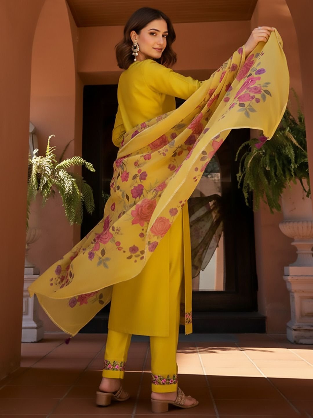 Floral Embroidered Round Neck Kurta &amp;amp; Trousers With Dupatta